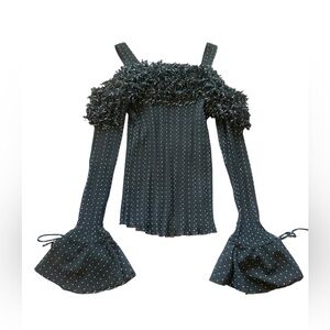 Y2K Romantic Black Pleated Cold Shoulder Top 1X Textured Ruffle Detail Goth